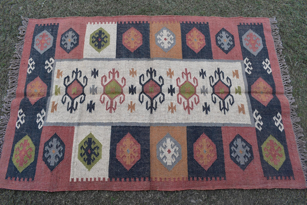 Handwoven Wool Jute Kilim Rug | Tribal Geometric Medallion Design | Boho Vintage Area Rug for Living Room & Bedroom