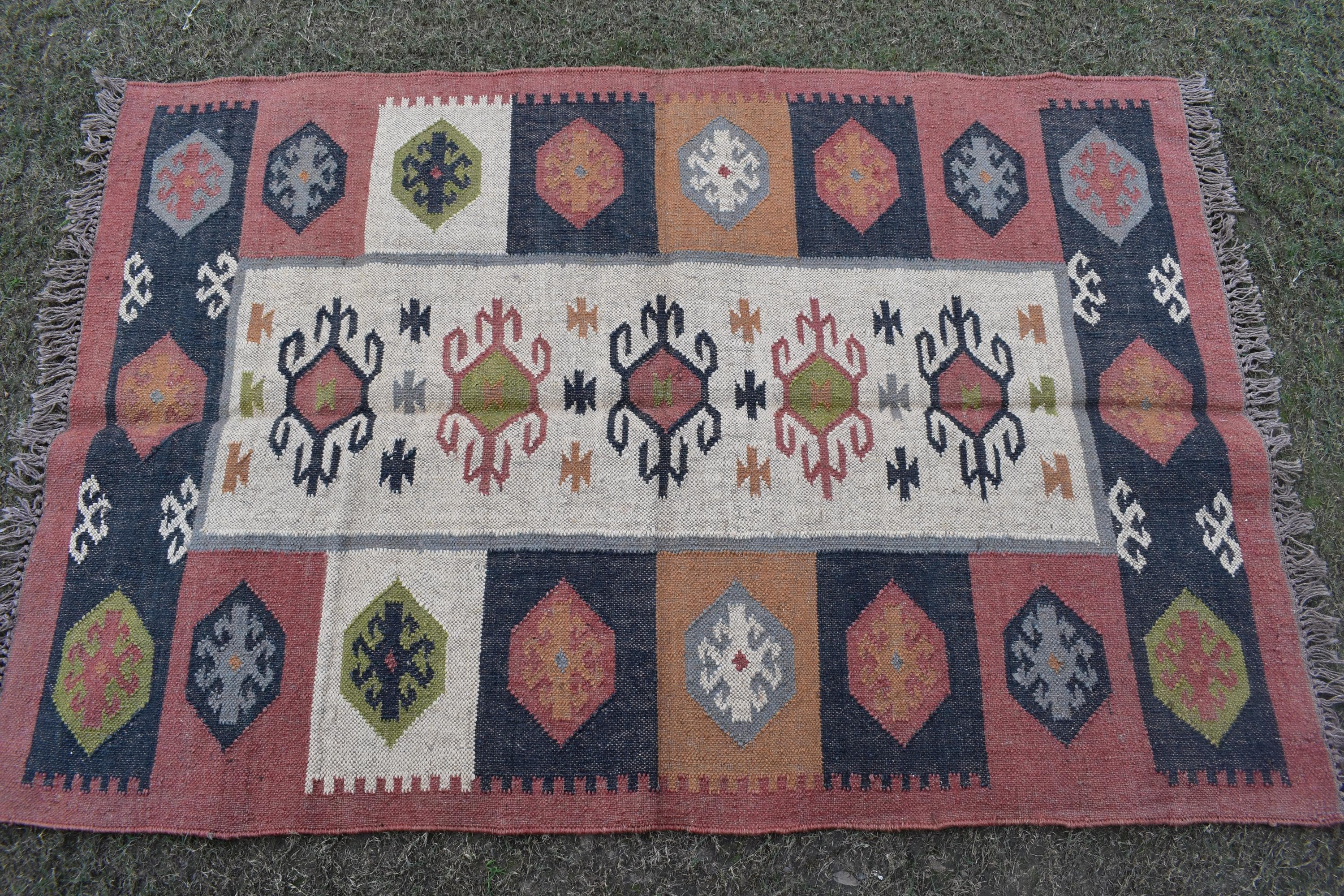 Handwoven Wool Jute Kilim Rug | Tribal Geometric Medallion Design | Boho Vintage Area Rug for Living Room & Bedroom