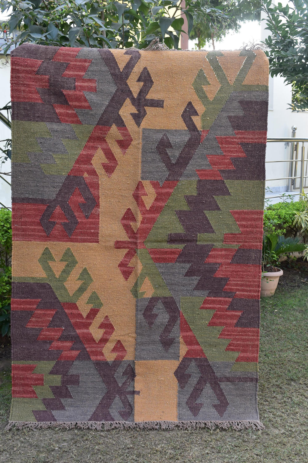 Handwoven Wool Jute Kilim Rug | Aztec Tribal Geometric Design | Boho Rustic Patchwork Area Rug for Living Room