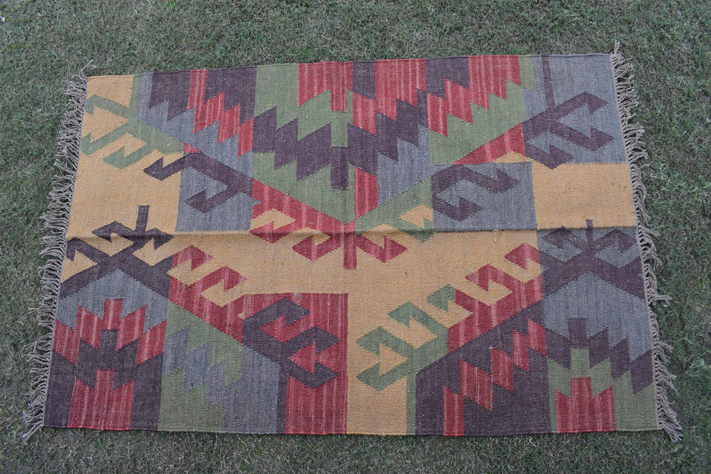Handwoven Wool Jute Kilim Rug | Aztec Tribal Geometric Design | Boho Rustic Patchwork Area Rug for Living Room