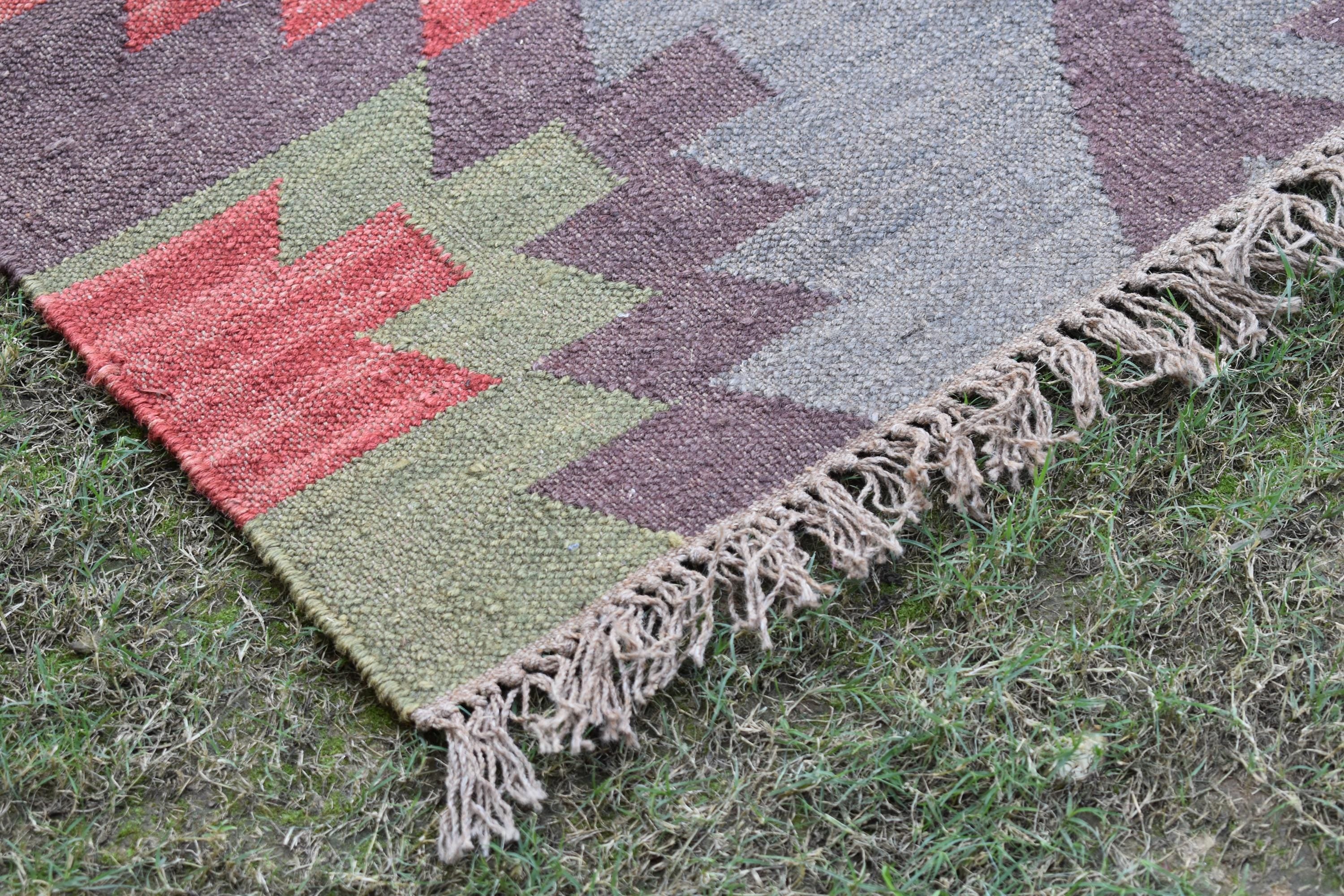 Handwoven Wool Jute Kilim Rug | Aztec Tribal Geometric Design | Boho Rustic Patchwork Area Rug for Living Room
