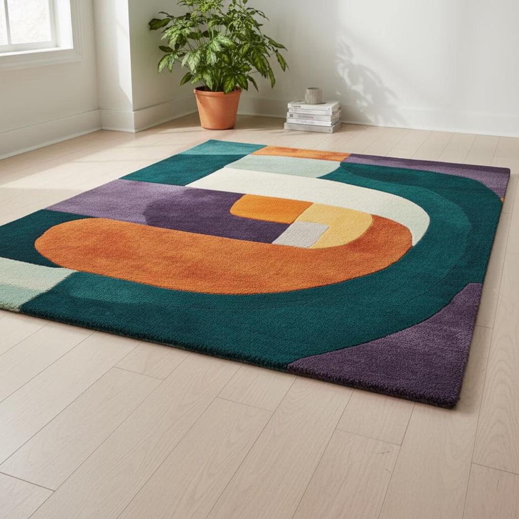 Hand-Tufted Wool Area Rug | Retro Geometric Patchwork | Area Rug