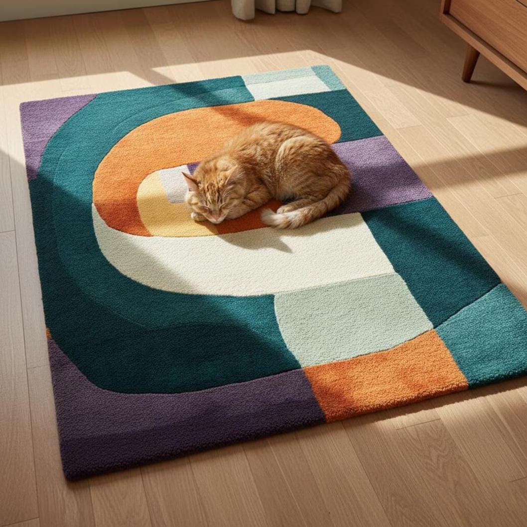 Hand-Tufted Wool Area Rug | Retro Geometric Patchwork | Area Rug