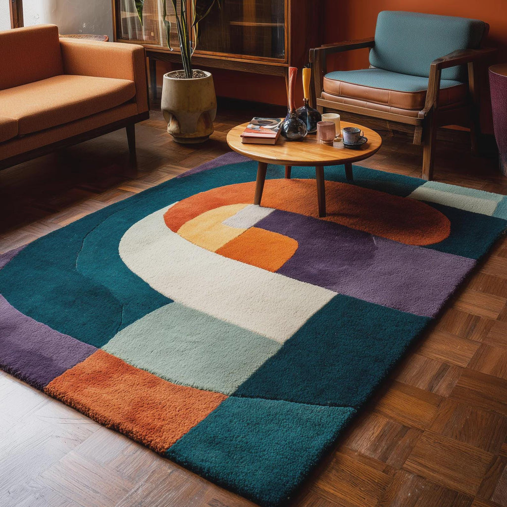 Hand-Tufted Wool Area Rug | Retro Geometric Patchwork | Area Rug