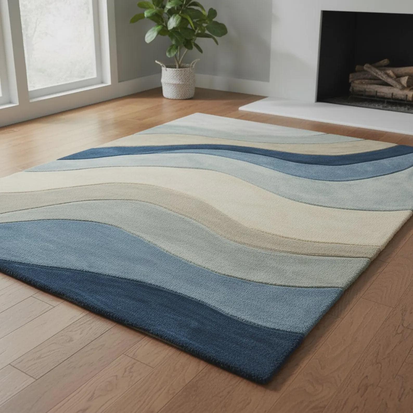 Modern Retro Wool Carpet | Handmade Contemporary Statement Rug | Retro Wavy Rug: Teal Abstract Color-Block Teppich Rug