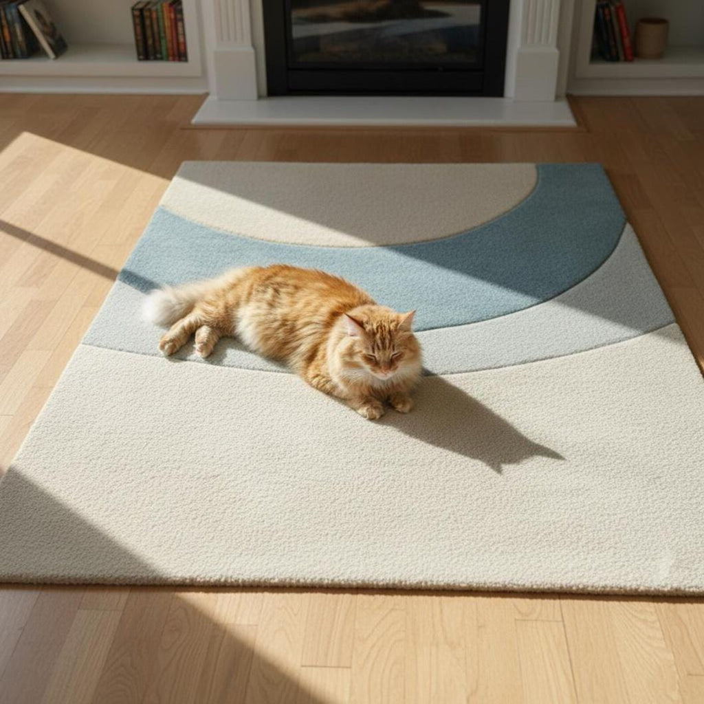Coastal Wave Rug – Ocean Inspired Blue & Beige Wavy Area Rug | Handmade Wool Carpet | Beach House Coastal Decor