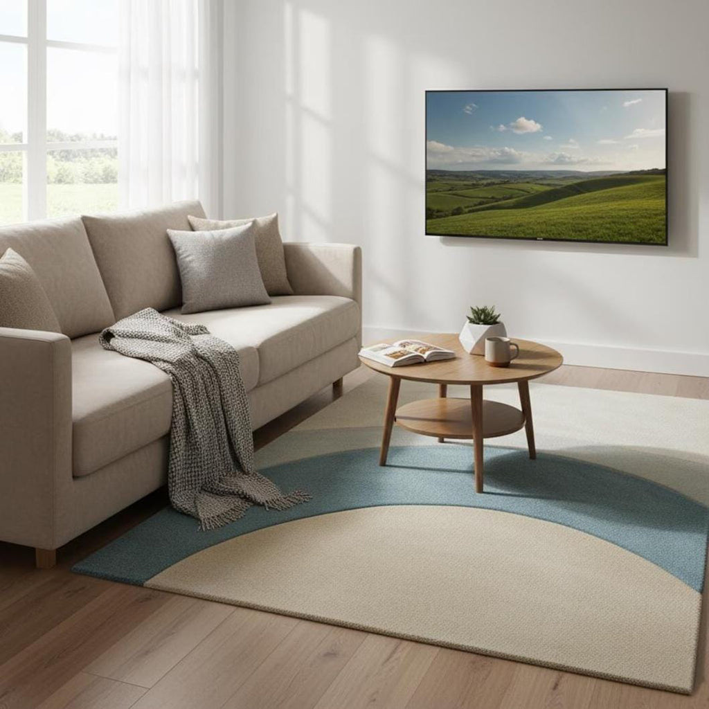 Coastal Wave Rug – Ocean Inspired Blue & Beige Wavy Area Rug | Handmade Wool Carpet | Beach House Coastal Decor