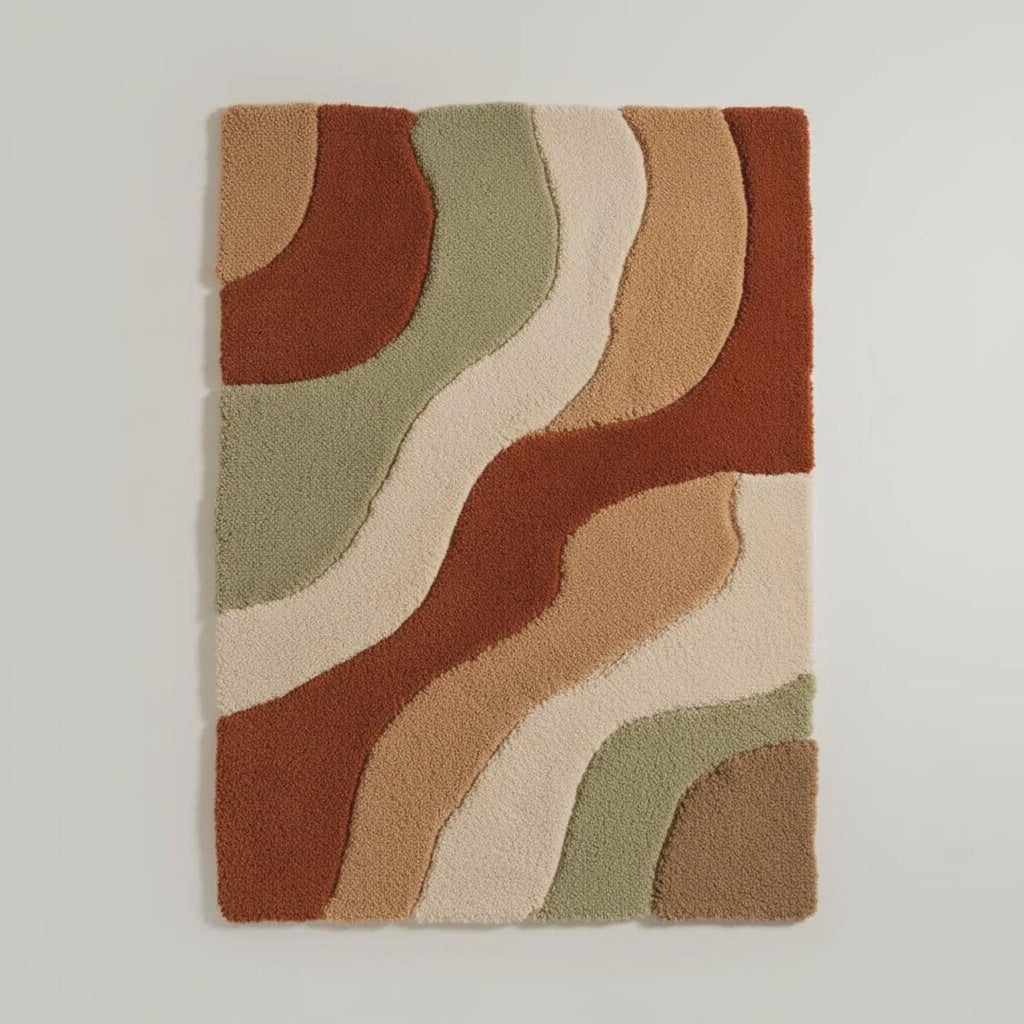 Handmade Wool Area Rug – Modern Wavy Abstract Carpet in Earthy Neutral Tones | Boho Contemporary Living Room Rug