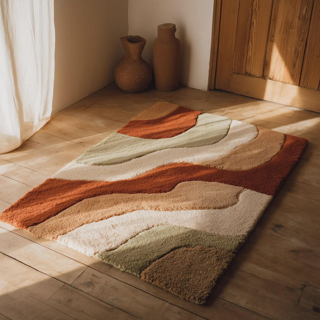Handmade Wool Area Rug – Modern Wavy Abstract Carpet in Earthy Neutral Tones | Boho Contemporary Living Room Rug