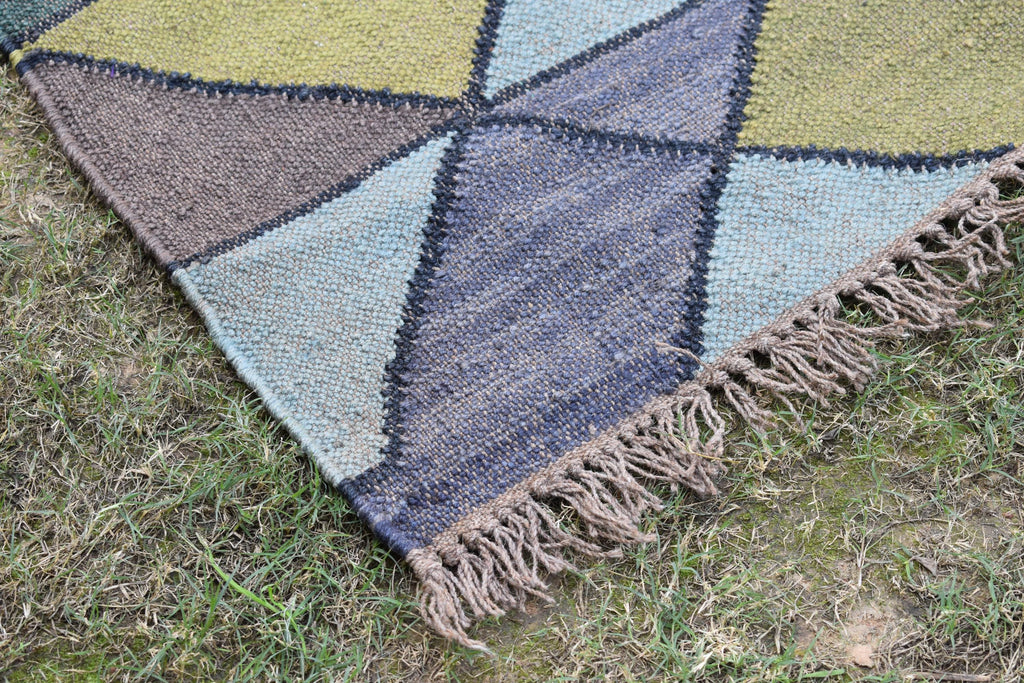 Ethnic Handwoven Wool Jute Kilim Rug Tribal Diamond Design Bohemian Vintage Flatweave Reversible Carpet Boho Tribal Area Rug