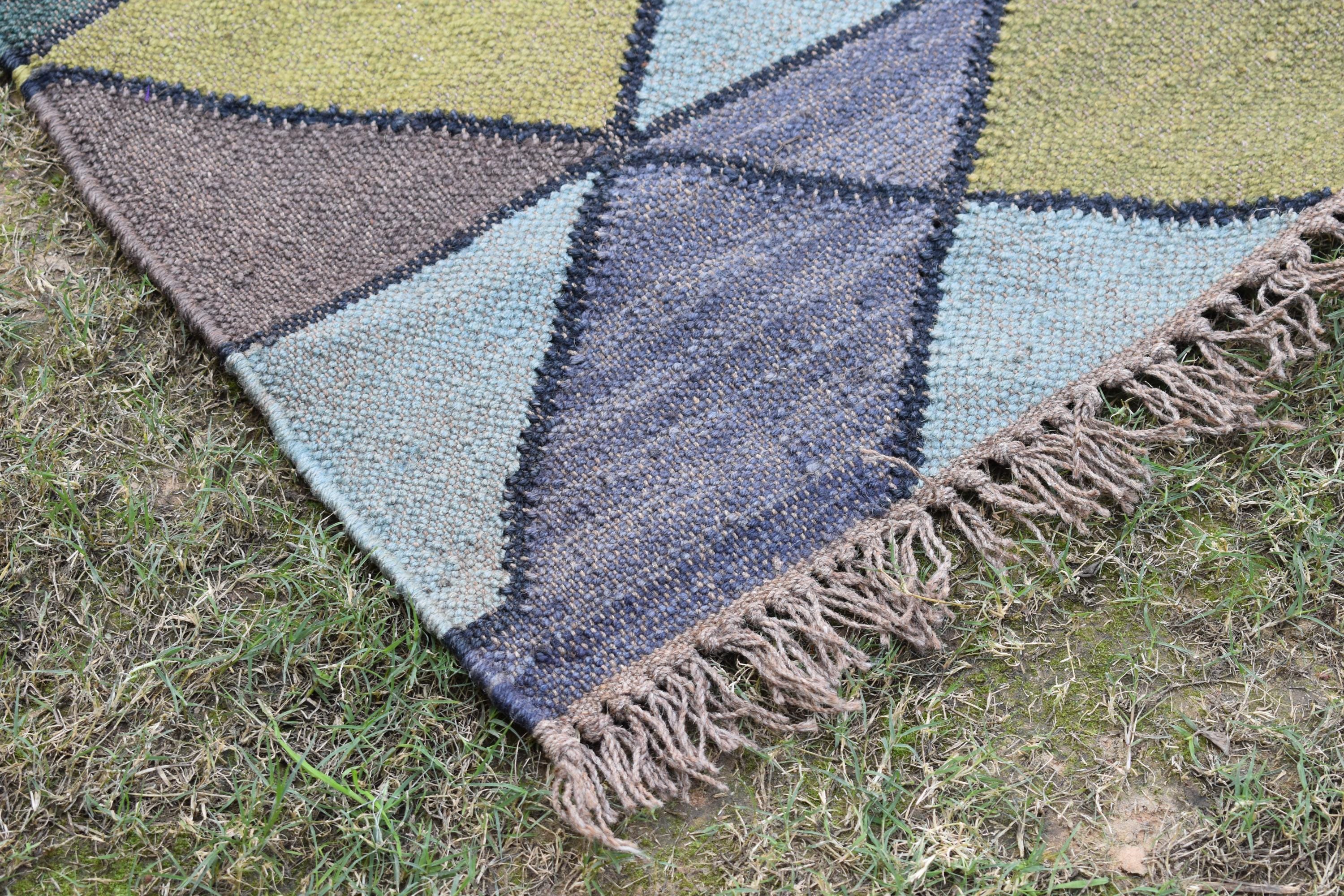 Ethnic Handwoven Wool Jute Kilim Rug Tribal Diamond Design Bohemian Vintage Flatweave Reversible Carpet Boho Tribal Area Rug