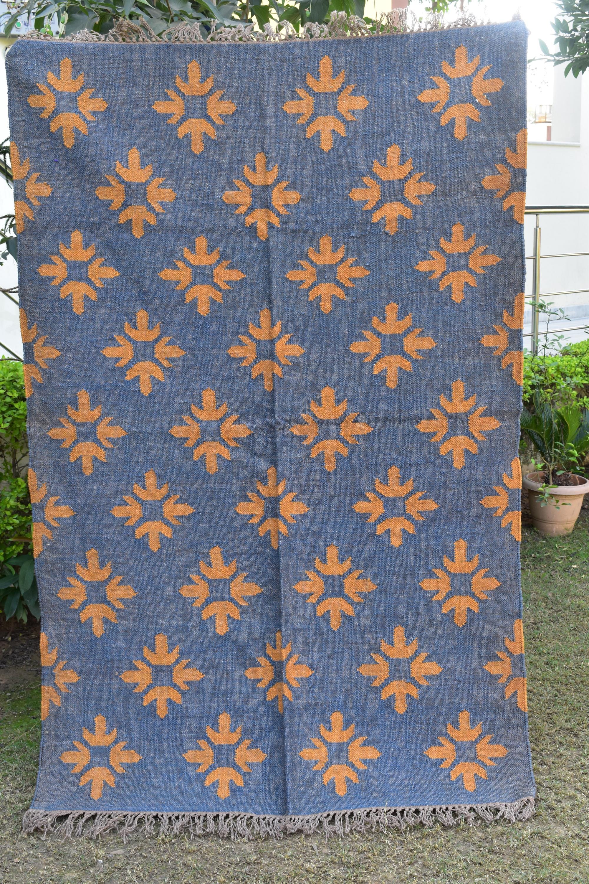 Artisan Handwoven Kilim Area Rug Wool Jute Tribal Geometric Boho Vintage Reversible Home Decor Carpet Decorative Tribal Floor Carpet