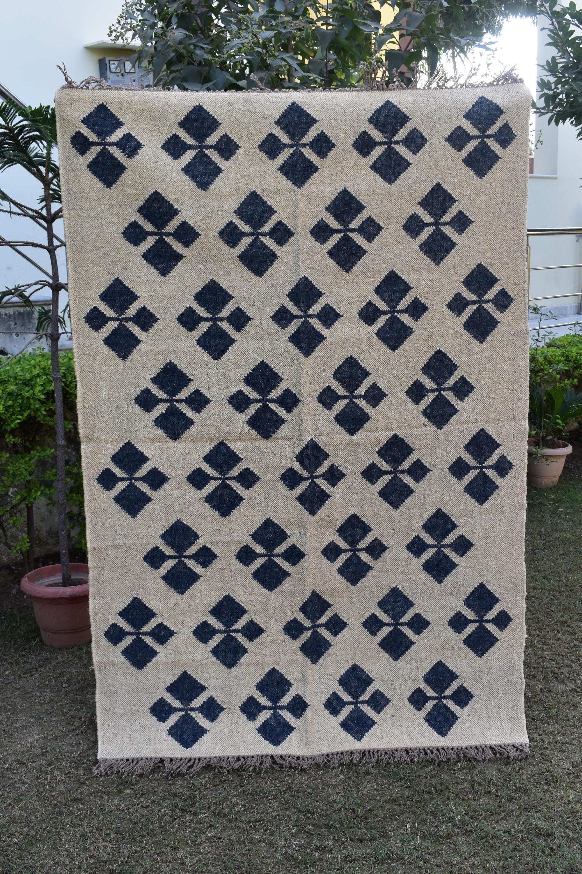 Wool & Jute Kilim Rug Bohemian Flatweave Carpet for Living Room Indian Handcrafted Wool and Jute Kilim Rug For Home Decor Living Room Area
