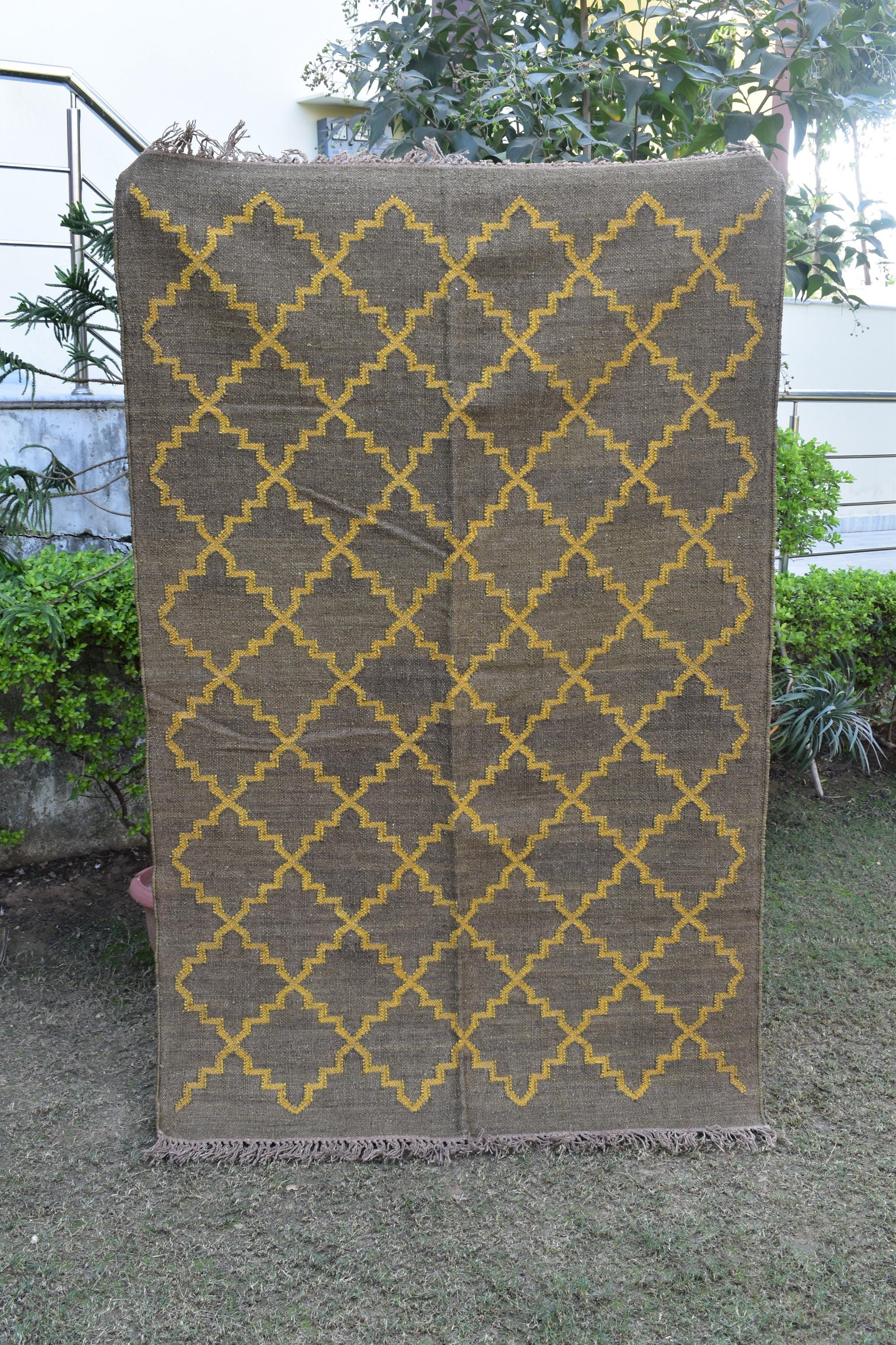 Rustic Boho Wool Jute Runner Handmade Neutral Flatweave Hallway Rug Geometric Farmhouse Decor Heritage Handwoven Carpet