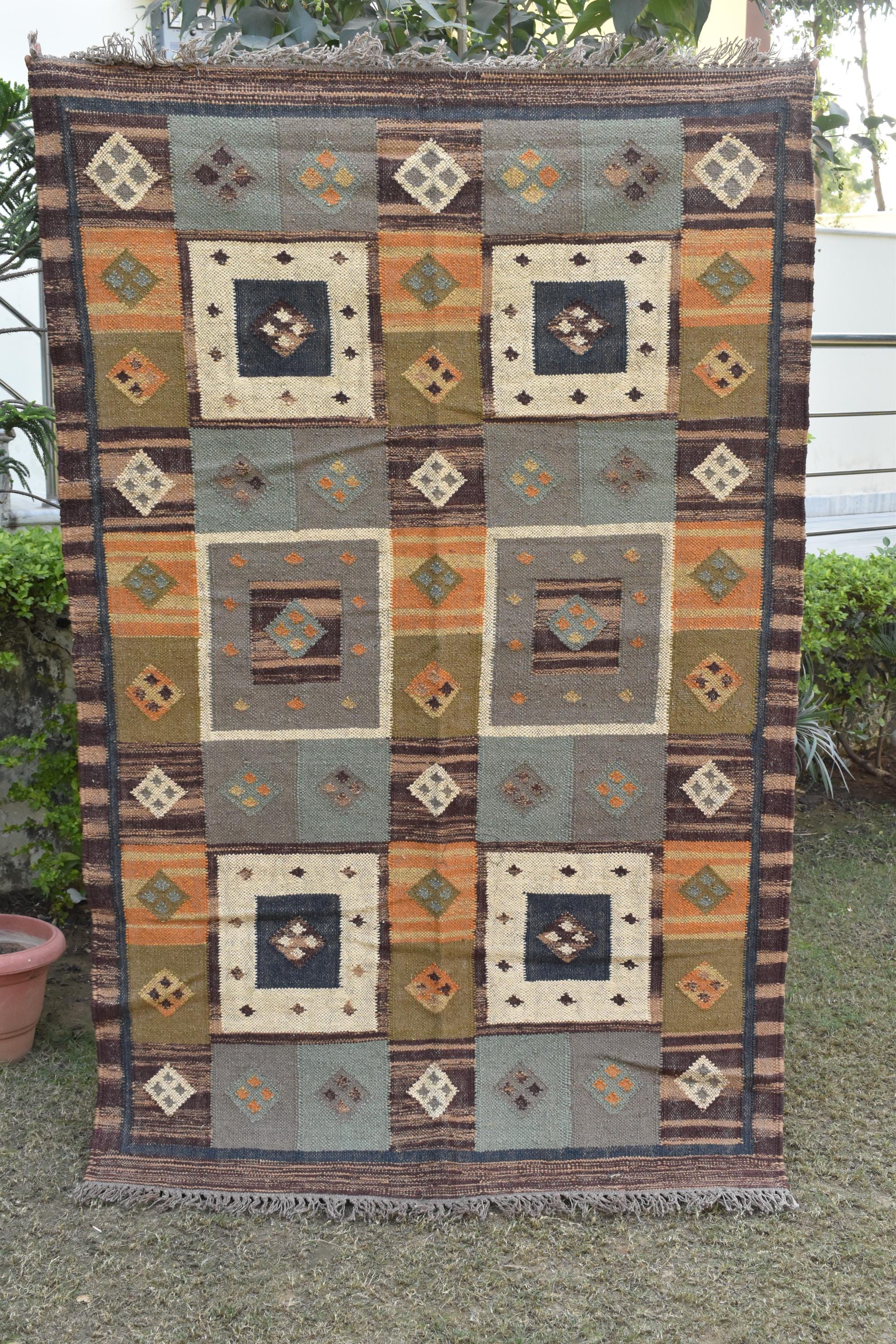 Handmade Wool Jute Kilim Rugs Traditional Indian Runner Dhurrie Hallway Stair Runner Rug | Modern Tribal Area Rug Housewarming Gifts