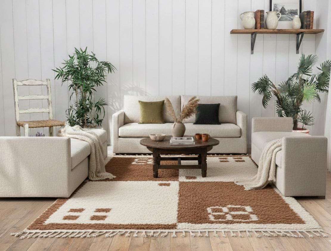 Custom Wool Rug, Handmade Moroccan Beni Ourain Rug, Brown and White Berber Shag Carpet, Geometric Living Room Area Rug