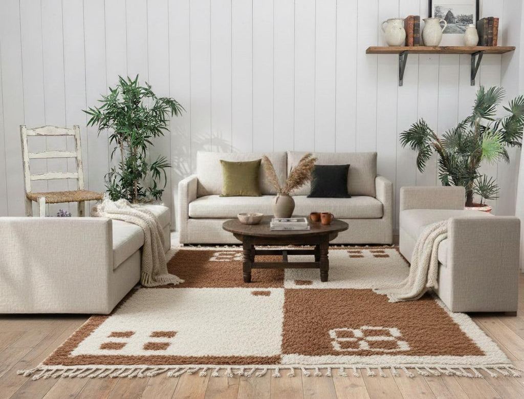 Custom Wool Rug, Handmade Moroccan Beni Ourain Rug, Brown and White Berber Shag Carpet, Geometric Living Room Area Rug