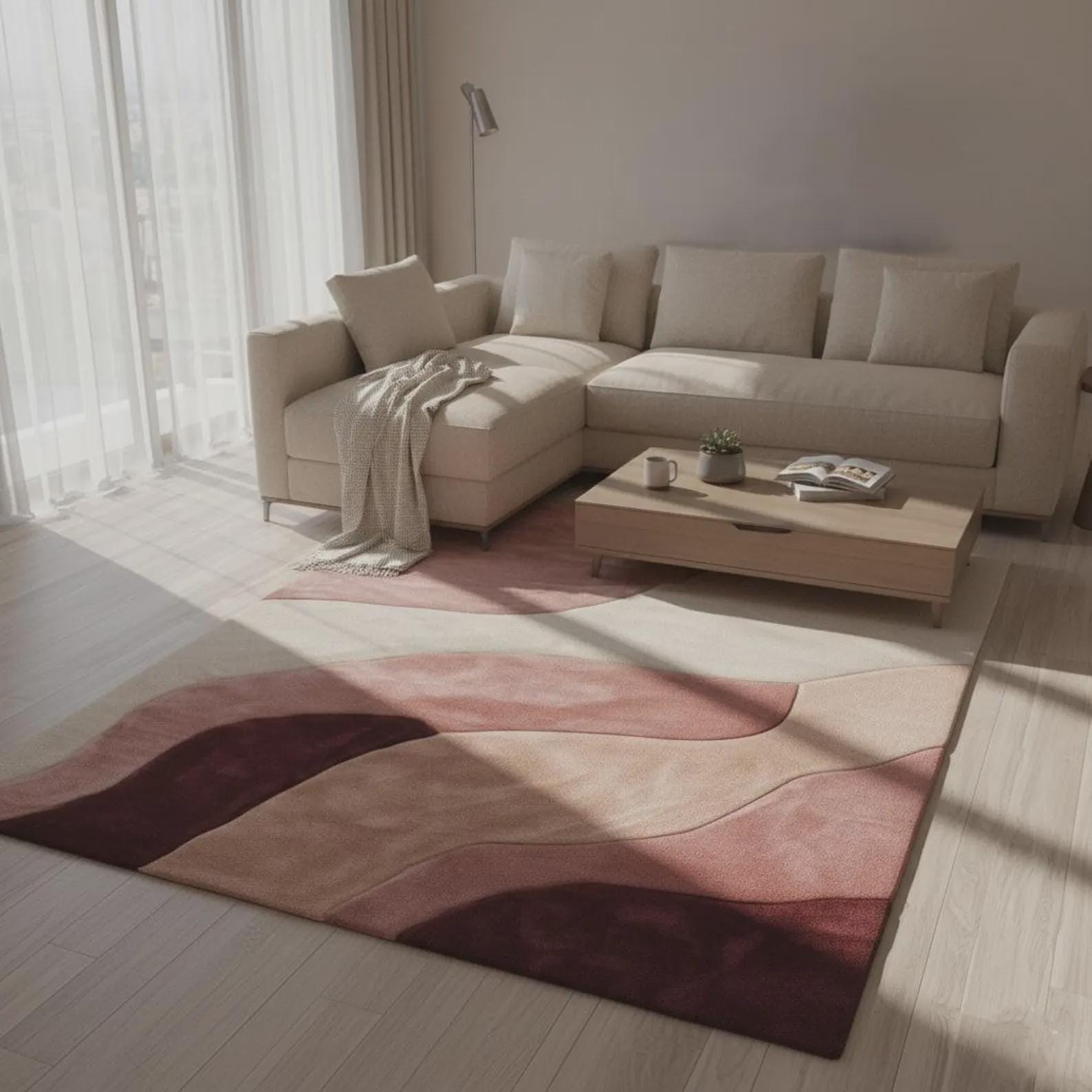 Hand Tufted Modern Area Rug, Soft Blush Geometric Design, Colorful Carpet for Home Decor