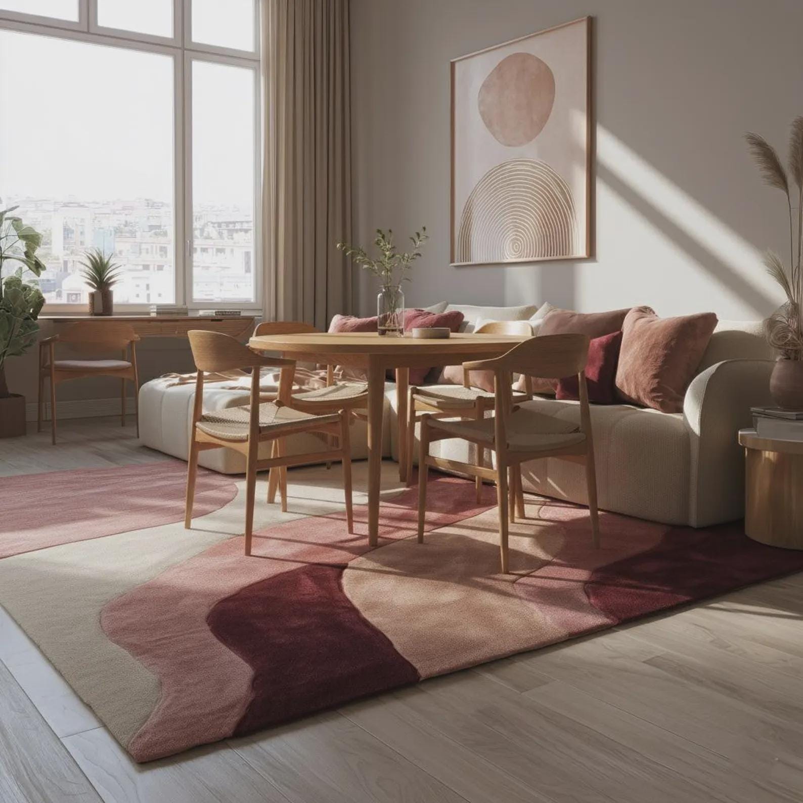 Hand Tufted Modern Area Rug, Soft Blush Geometric Design, Colorful Carpet for Home Decor