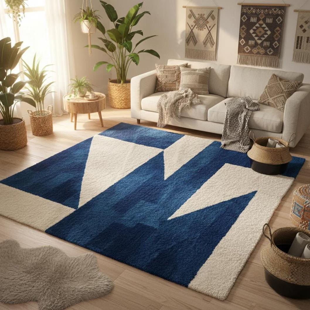 Blue Geometric Blush Area Rug, Hand Tufted Modern Carpet, Soft Multicolor Rug for Home & Nursery