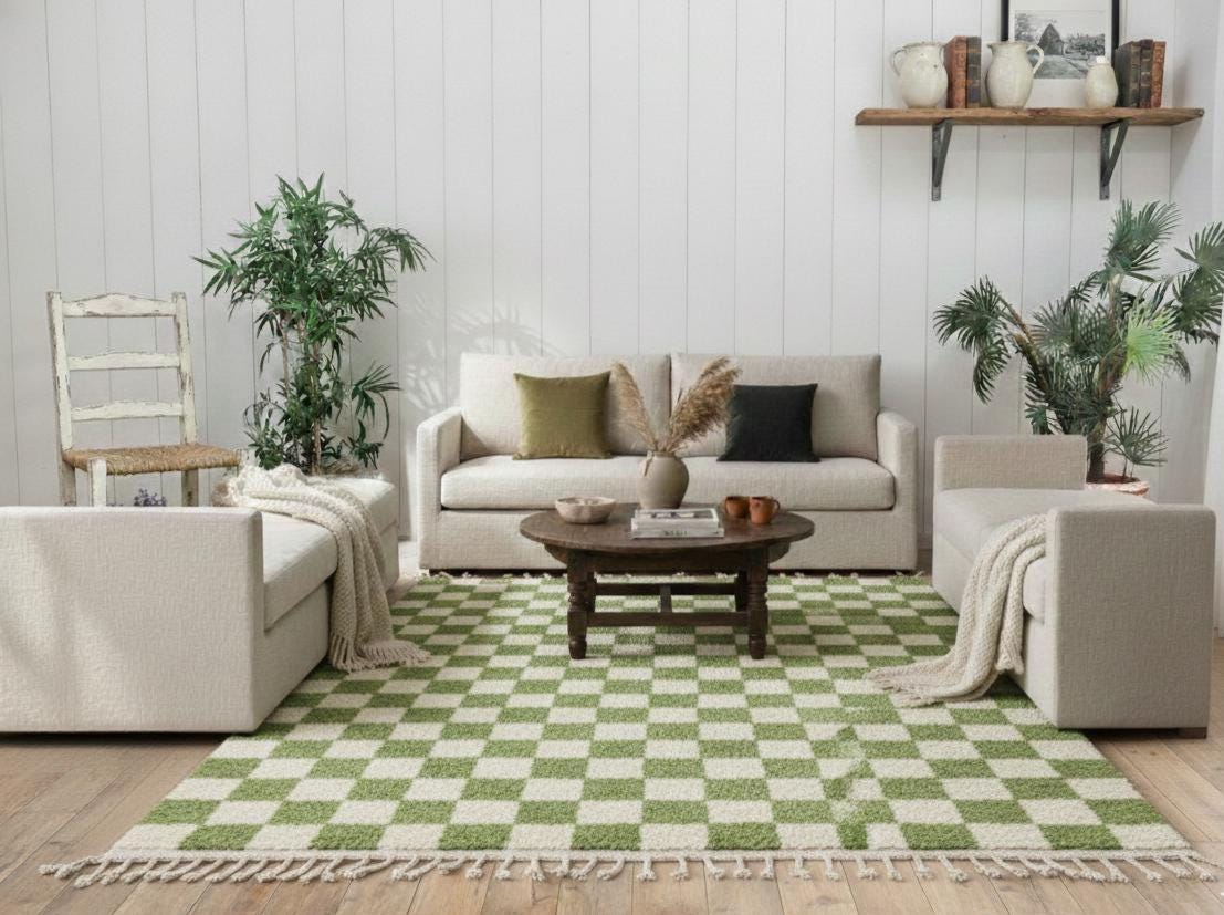 Green Tufted Rug Moroccan Beni Ourain Checker Pattern Custom Handmade Wool Berber Area Carpet Contemporary Moroccan Rug