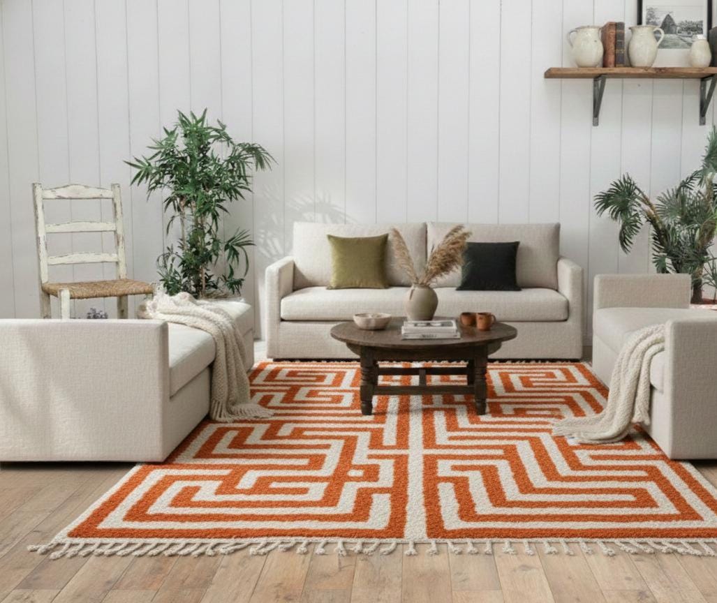 Hand Tufted Rug, Bright Orange Moroccan Rug, Beni Mrirt Rug, Shaggy Berber Wool Area Rug Thick Pile Berber Wool Rug Interior Decor Rug