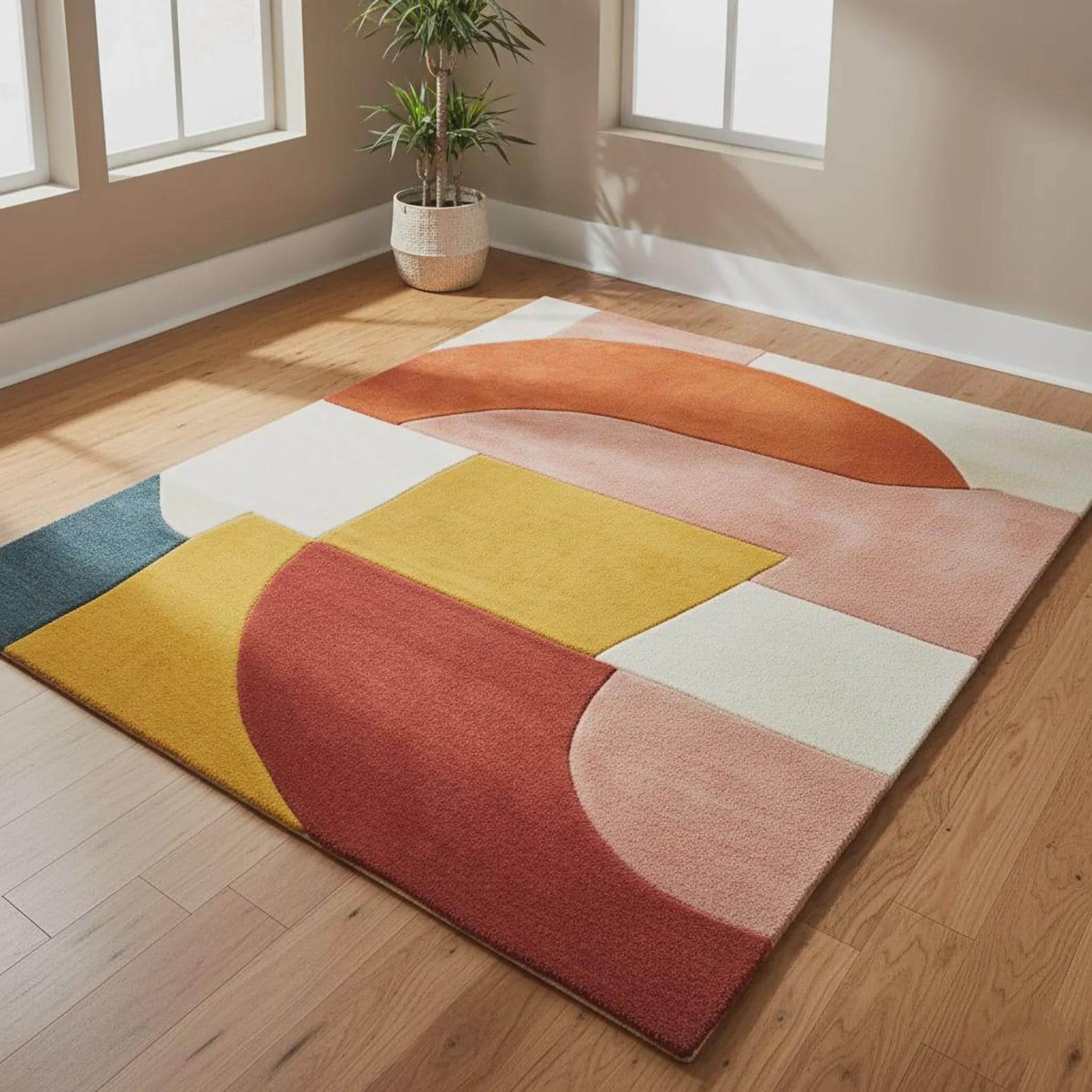 Colorful Wool Area Rug | Mid Century Modern Geometric Color Block | Contemporary Carpet