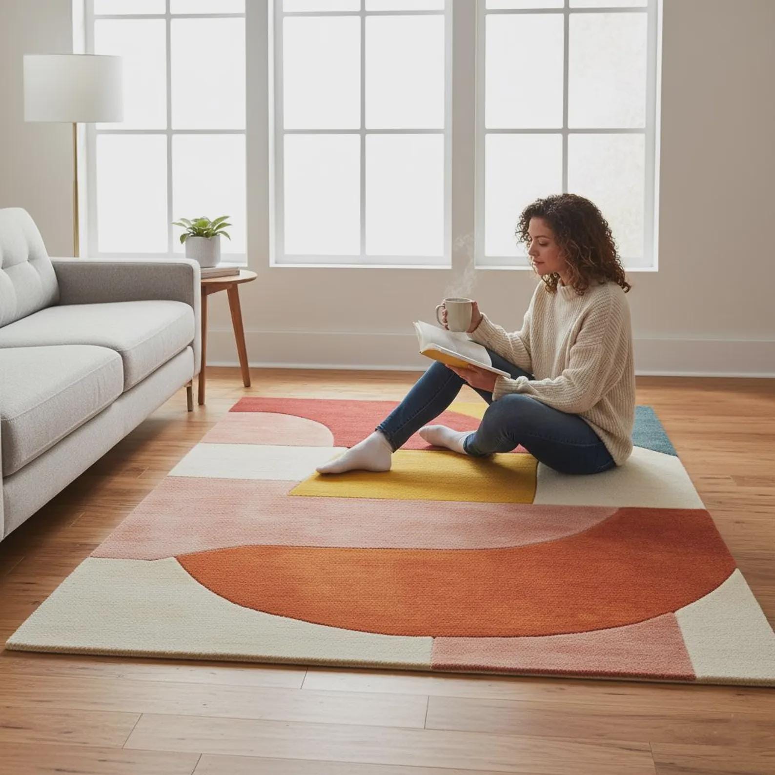 Colorful Wool Area Rug | Mid Century Modern Geometric Color Block | Contemporary Carpet