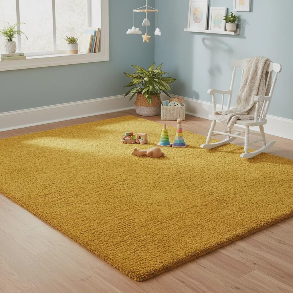 Modern Mustard Yellow Wool Rug, Plain Solid Area Carpet for Living Room & Bedroom, Contemporary Home Decor