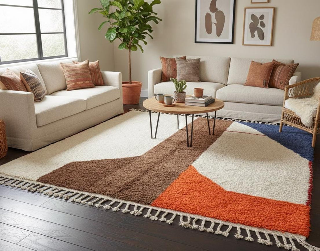 Blue & Orange Moroccan Rug, Custom Abstract Berber Rug, Soft Shaggy Texture ,Artistic Handmade Wool Area Rug, Modern Statement Rug