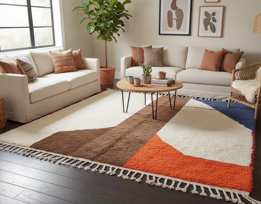 Blue & Orange Moroccan Rug, Custom Abstract Berber Rug, Soft Shaggy Texture ,Artistic Handmade Wool Area Rug, Modern Statement Rug
