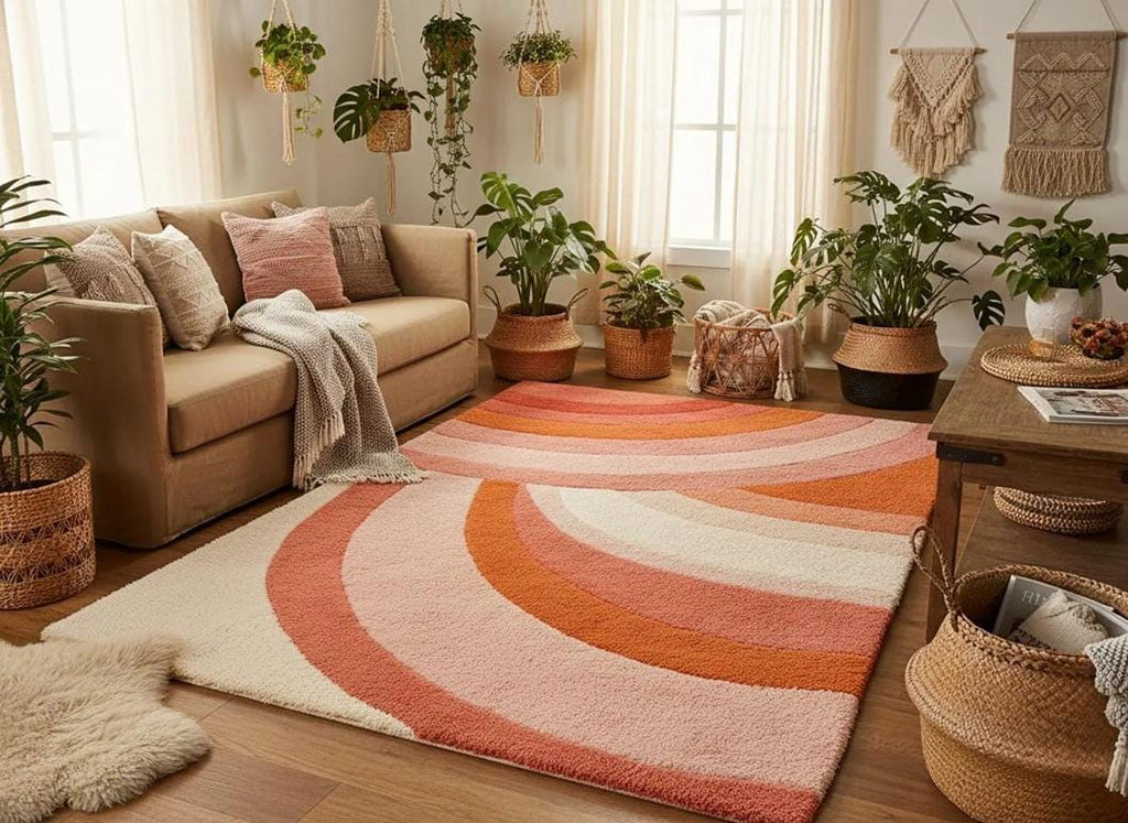 Pink Hand-Tufted Geometric Area Rug, Modern Multicolor Design