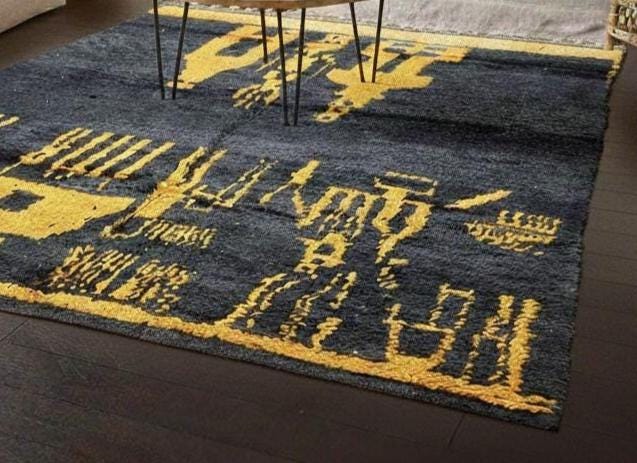 Abstract Berber Moroccan Rug, Handmade Black & Yellow Wool Carpet, Boho Tribal Area Rug, Artisan Handwoven Rug Bohemian Area Rug
