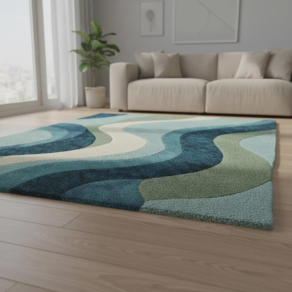 Wavy Hand Tufted Wool Area Rug, Modern Geometric Design