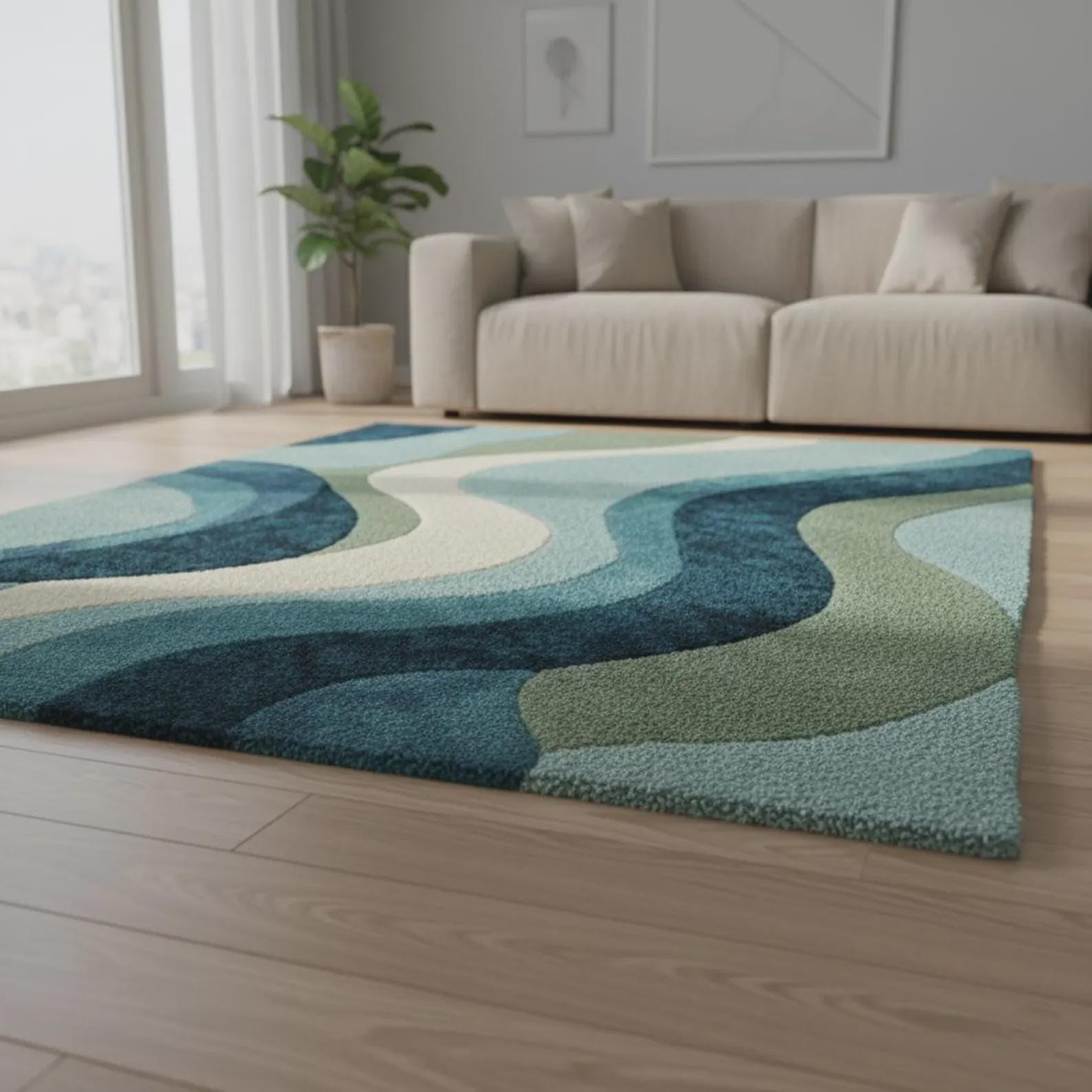 Wavy Hand Tufted Wool Area Rug, Modern Geometric Design