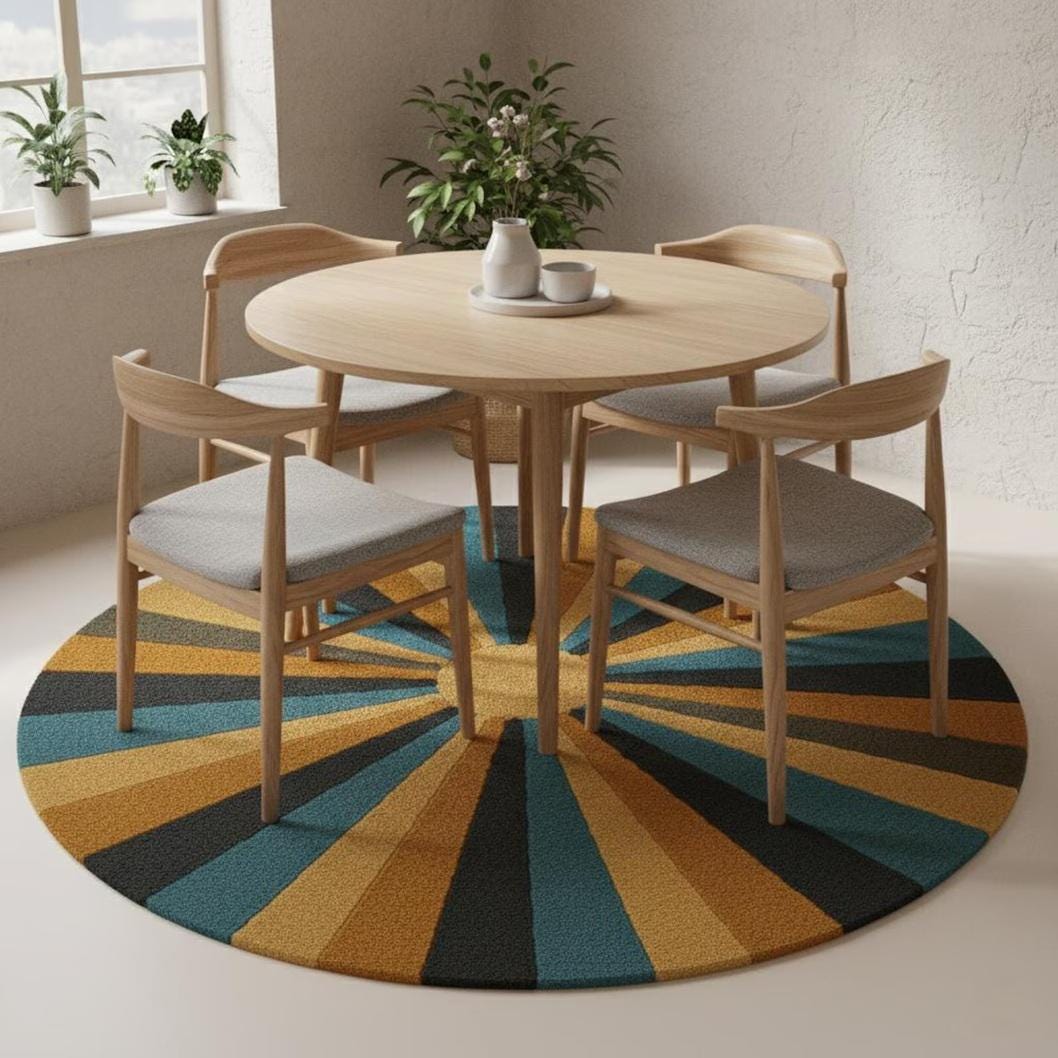 Hand-Tufted Wool Round Rug – Mid-Century Sunburst Design