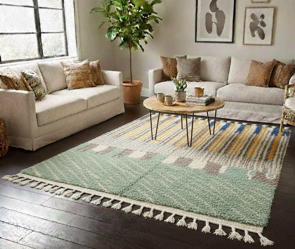 Handmade Beni Mrirt Moroccan Rug, Shadow Green Striped Berber Wool Area Rug, Premium Dining Room & Living Room Carpet Organic Wool Carpet
