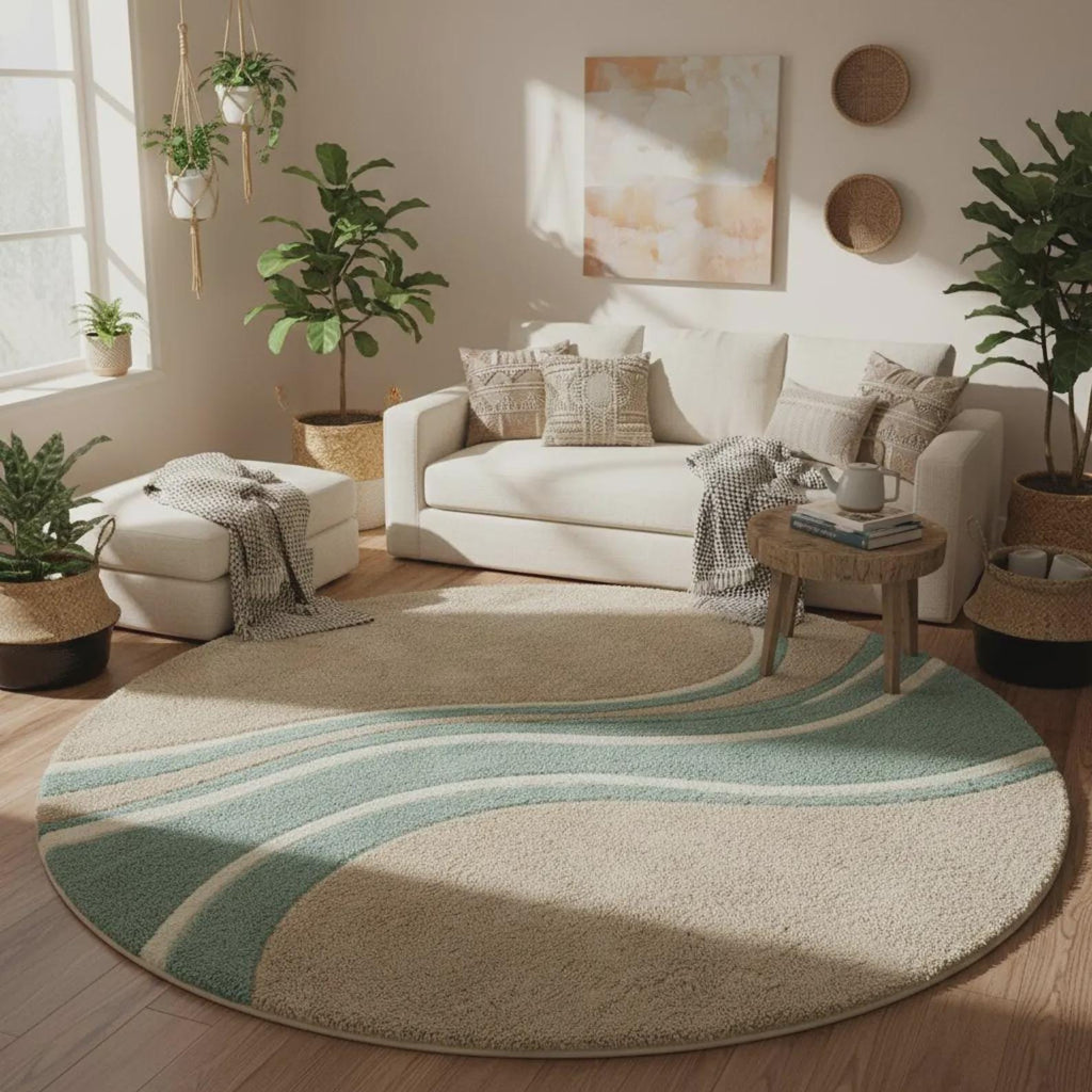 Handmade Wool Area Rug, Abstract Wavy Sage Green Carpet