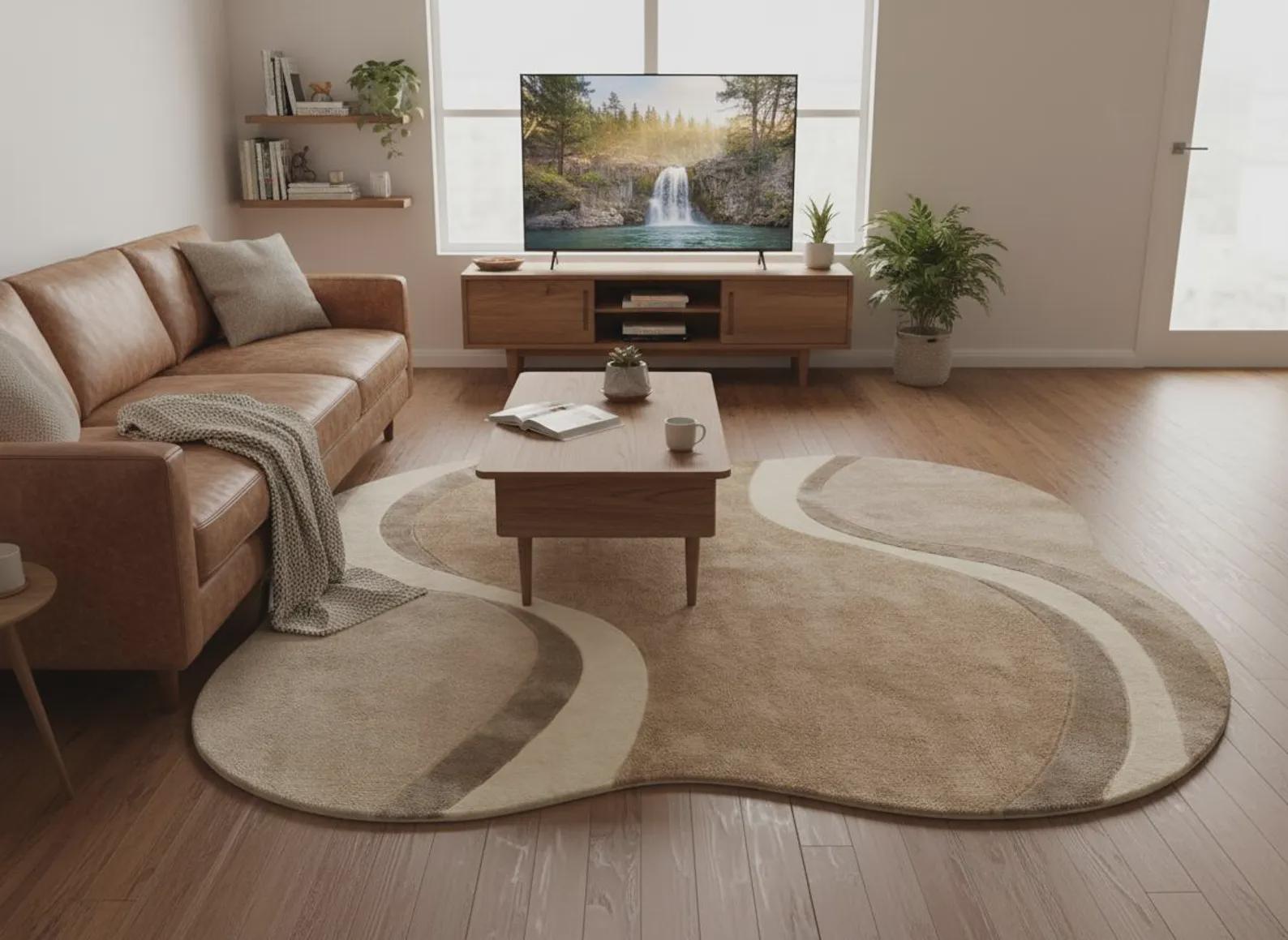 Curved Beige Area Rug | Modern Abstract Wavy Rug