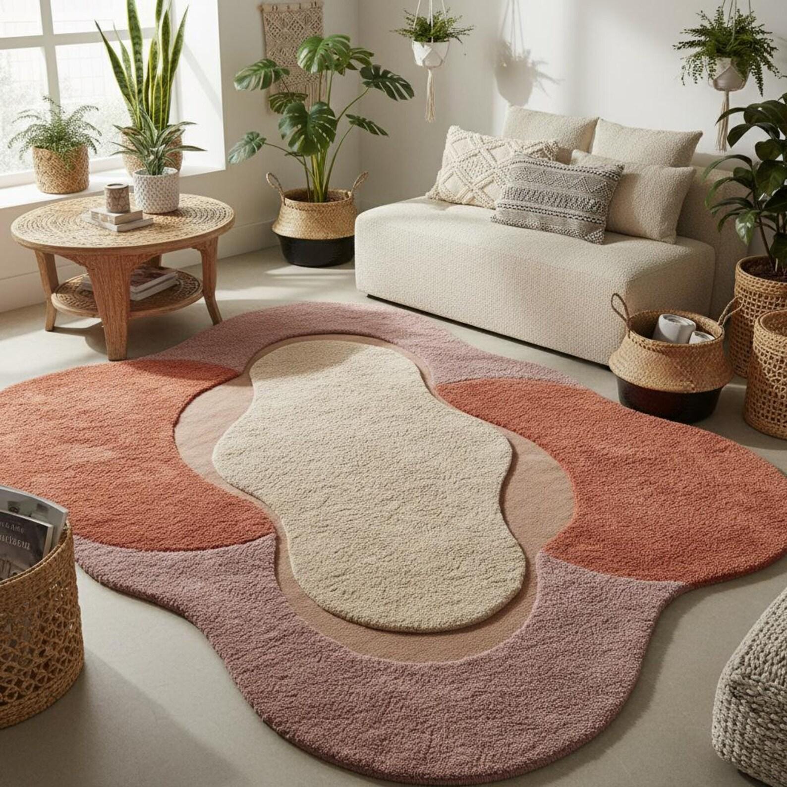 Curved Colorful Area Rug | Modern Abstract Wavy Rug | Irregular Organic Shape Rug