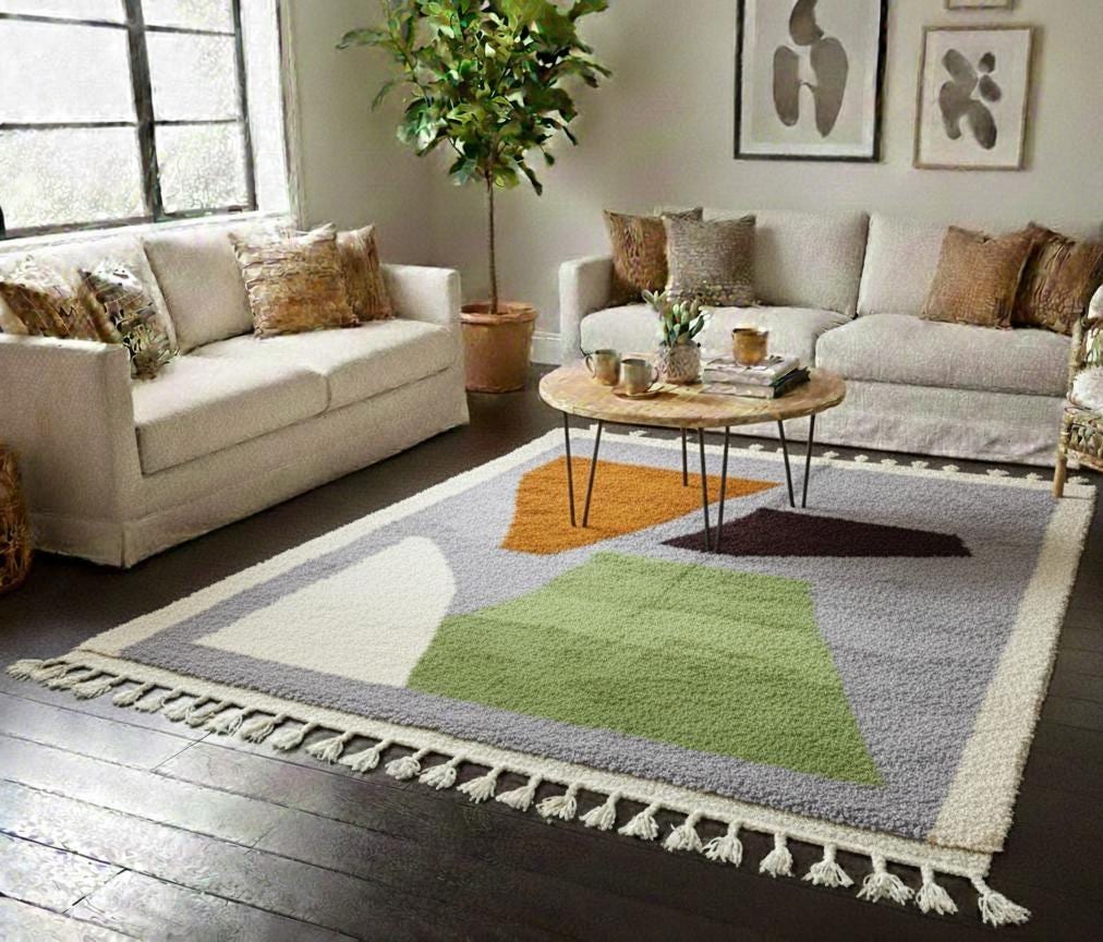 Handmade Moroccan Gray & Green Shag Rug, Natural Wool Custom Area Rug, Luxury Home Decor Rug Berber Style Rug Fluffy Rug