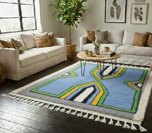 Abstract Blue Green Beni Ourain Wool Rug 8x10,, Custom Handmade Moroccan Berber Area Carpet, Cozy Chic Rug Plush Moroccan Carpet