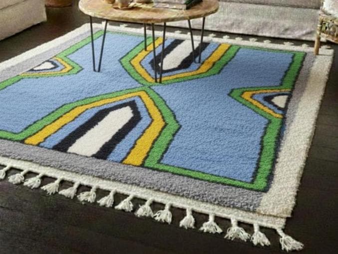 Abstract Blue Green Beni Ourain Wool Rug 8x10,, Custom Handmade Moroccan Berber Area Carpet, Cozy Chic Rug Plush Moroccan Carpet