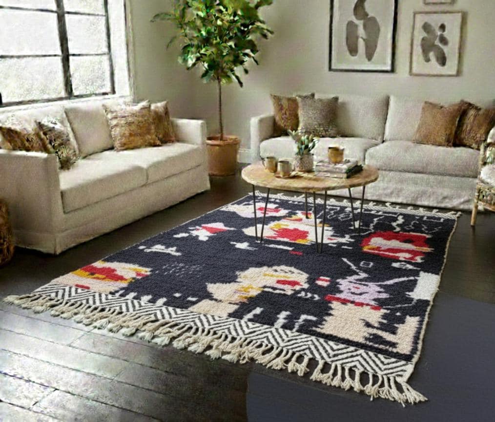 Moroccan Black Beni Ourain Rug, Handmade Natural Wool Berber Carpet, Bohemian Living Room Area Rug,Bohemian Home Decor Rug