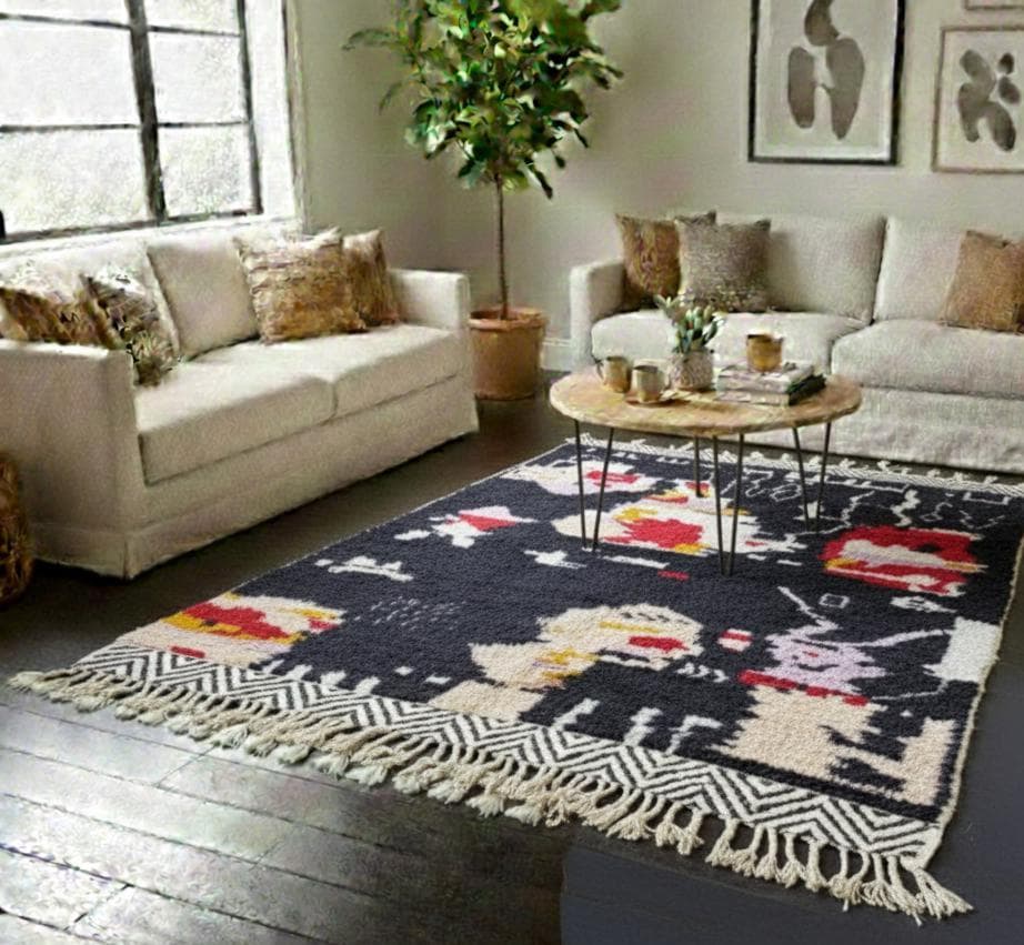 Moroccan Black Beni Ourain Rug, Handmade Natural Wool Berber Carpet, Bohemian Living Room Area Rug,Bohemian Home Decor Rug