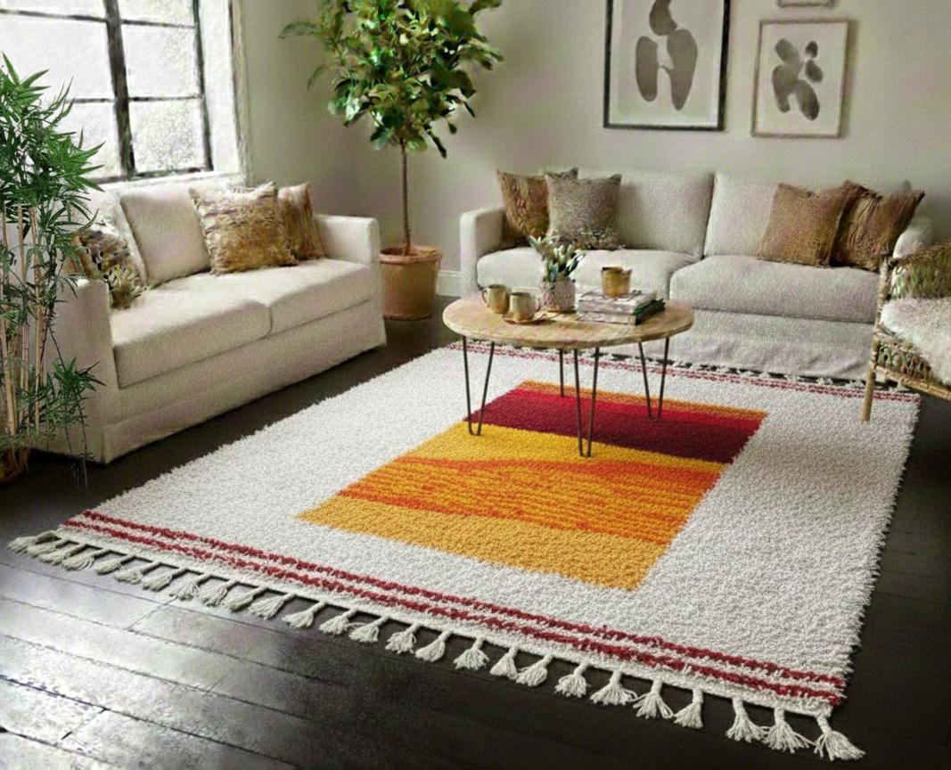 Handmade Custom Beni Ourain Rug, Ivory and Mustard Moroccan Wool Area Carpet, Bohemian Home Decor Minimalist Moroccan Rug