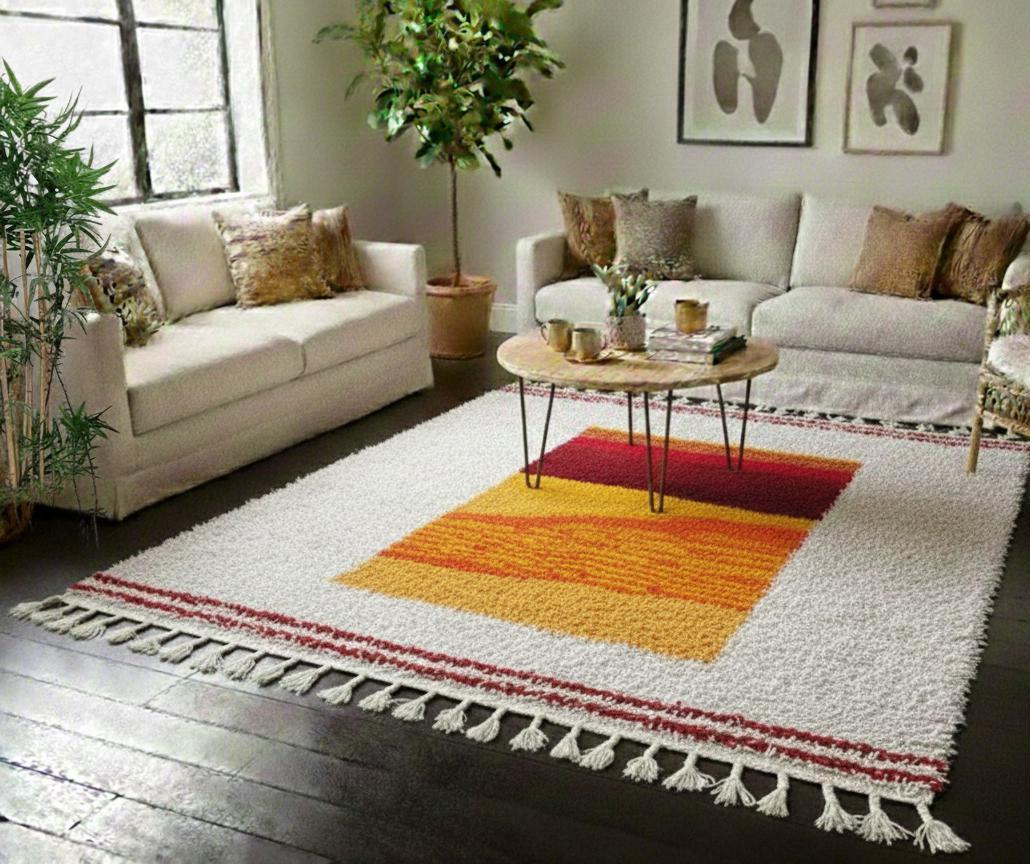 Handmade Custom Beni Ourain Rug, Ivory and Mustard Moroccan Wool Area Carpet, Bohemian Home Decor Minimalist Moroccan Rug