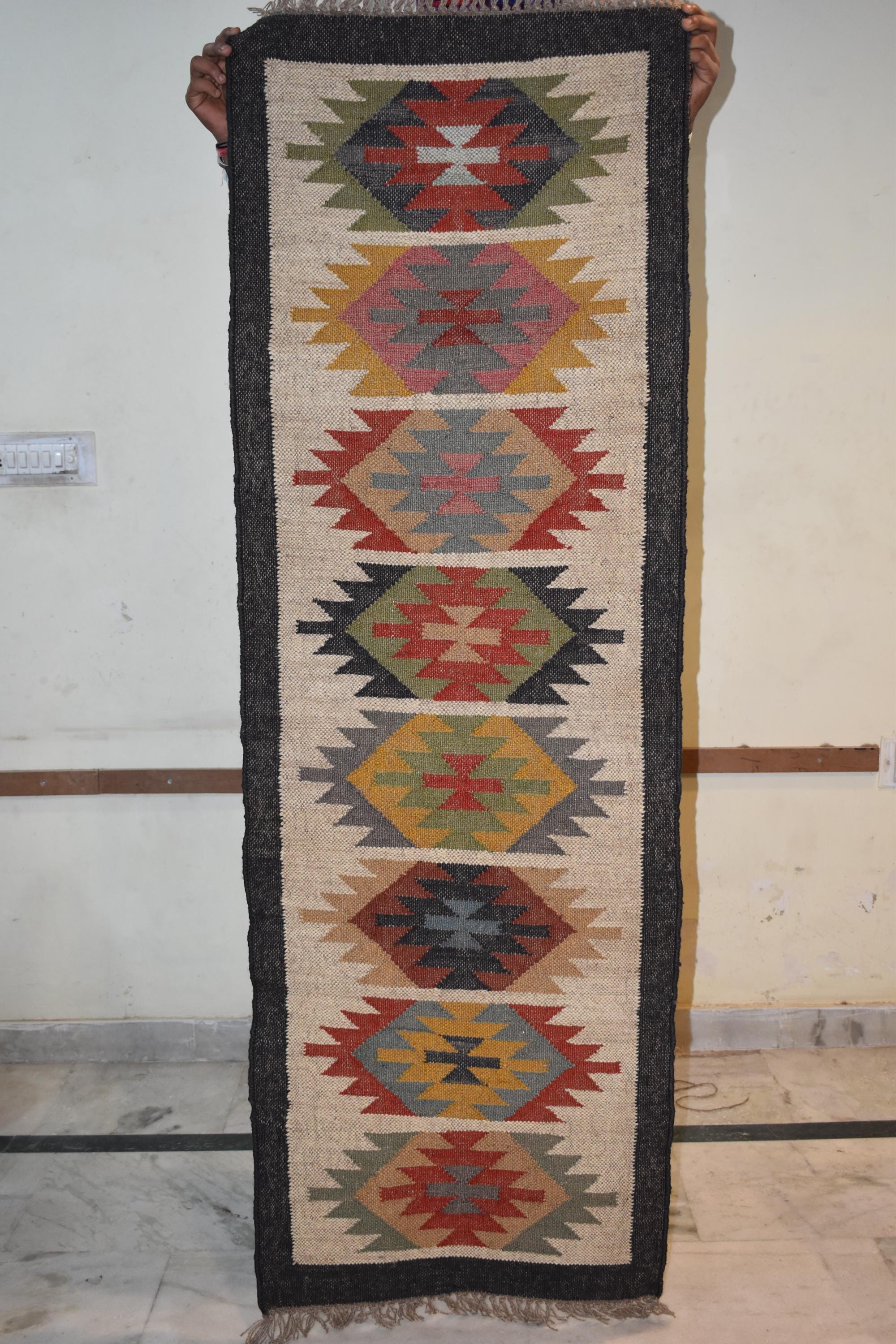 Handwoven Wool Jute Runner Rug | Colorful Diamond Dhurrie