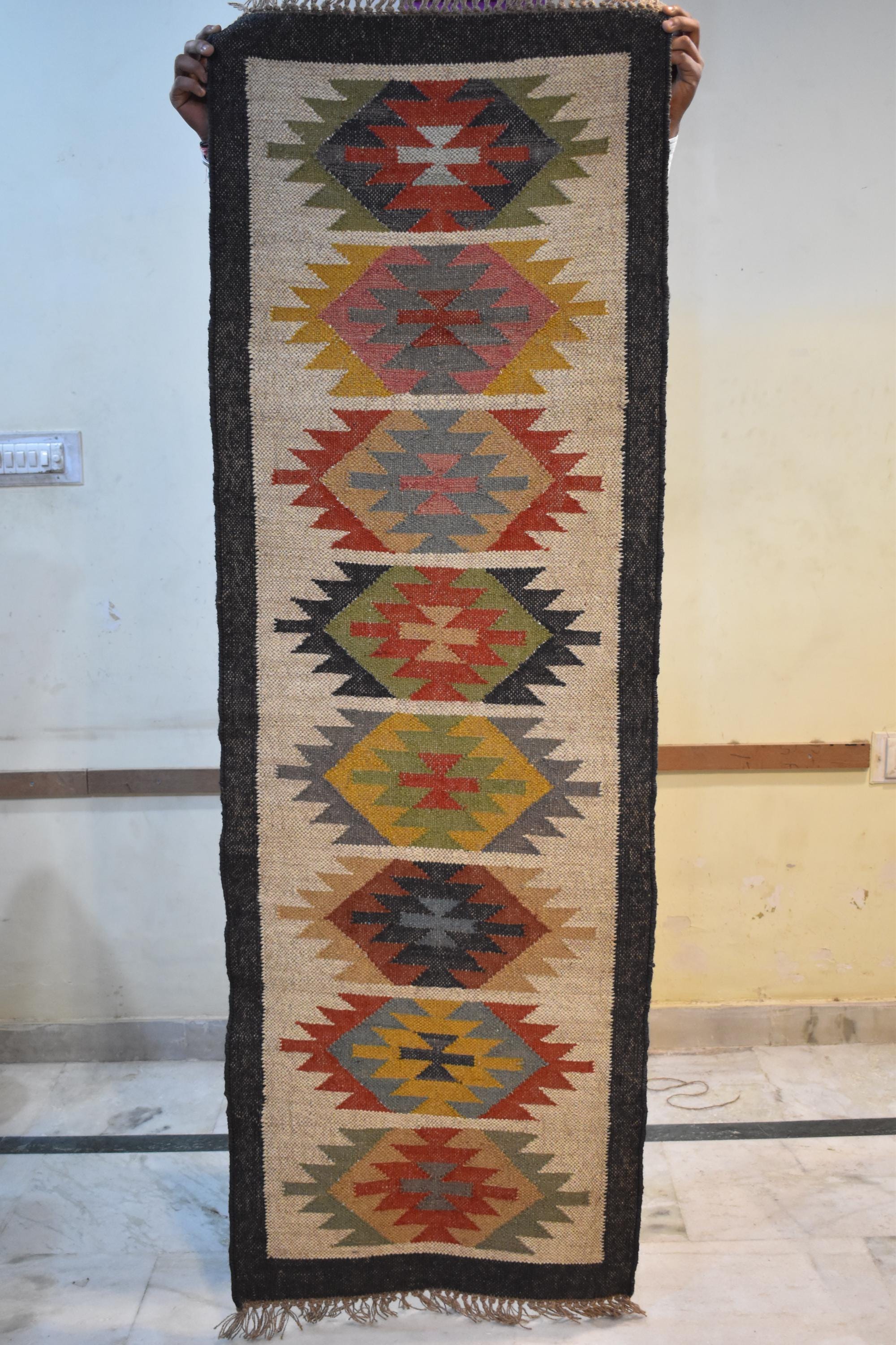 Handwoven Wool Jute Runner Rug | Colorful Diamond Dhurrie