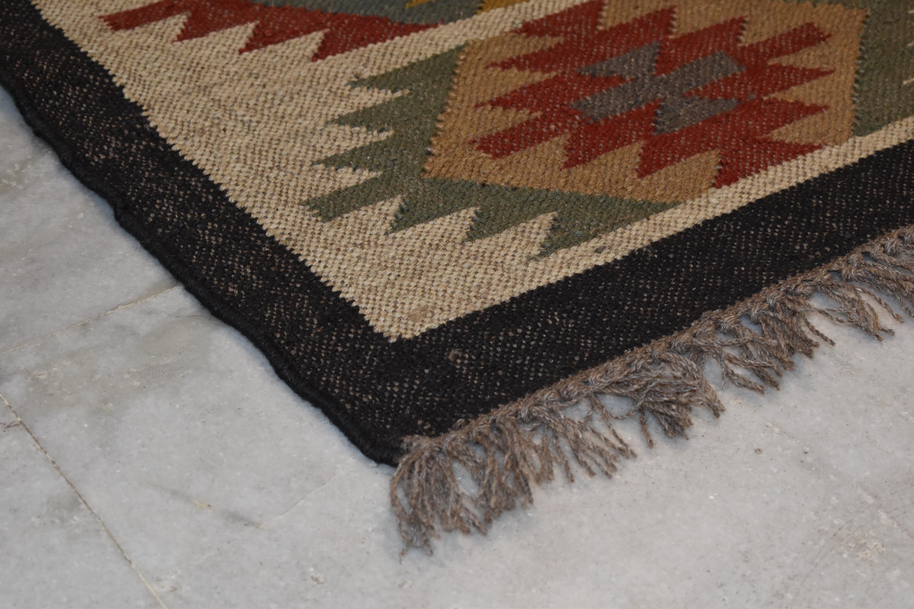 Handwoven Wool Jute Runner Rug | Colorful Diamond Dhurrie